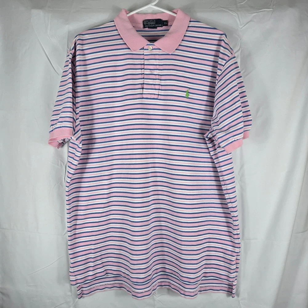 Polo Ralph Lauren Mens XL Pink Blue Striped Short Sleeve Cotton Polo Shirt